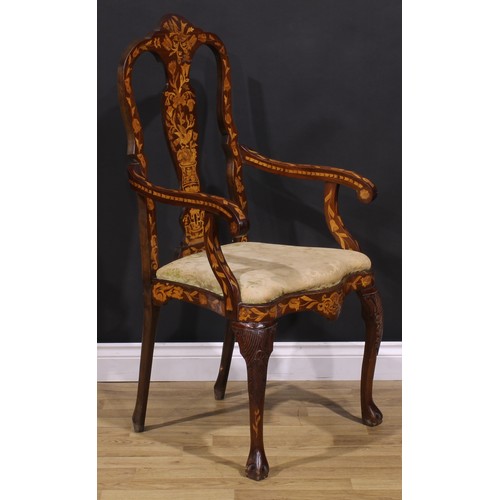 2073 - A pair of 19th century Dutch marquetry elbow chairs, inlaid throughout in the traditional manner, dr... 