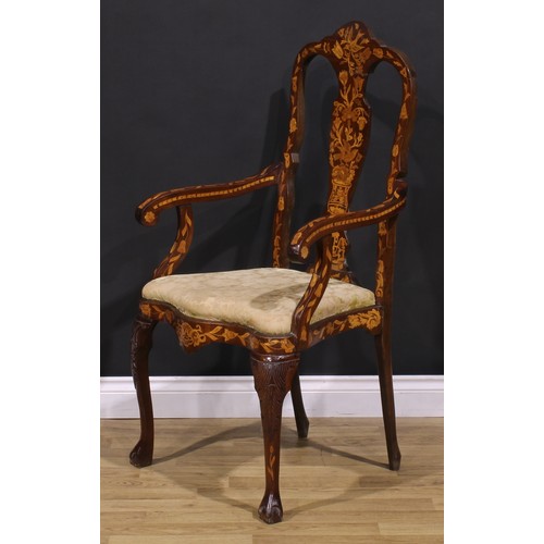 2073 - A pair of 19th century Dutch marquetry elbow chairs, inlaid throughout in the traditional manner, dr... 