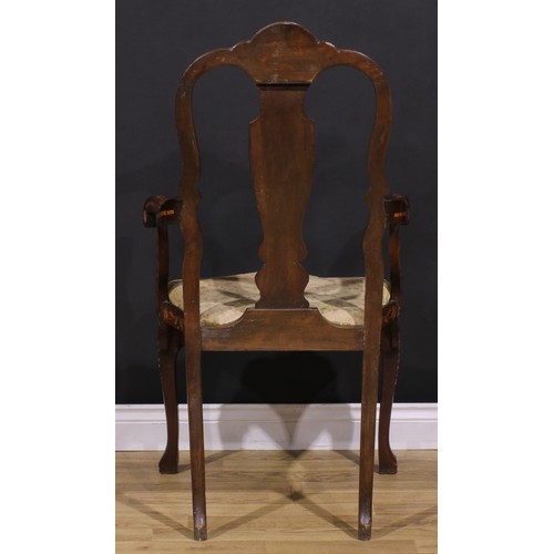 2073 - A pair of 19th century Dutch marquetry elbow chairs, inlaid throughout in the traditional manner, dr... 