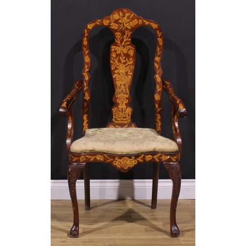 2073 - A pair of 19th century Dutch marquetry elbow chairs, inlaid throughout in the traditional manner, dr... 