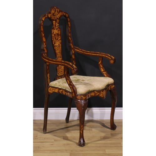 2073 - A pair of 19th century Dutch marquetry elbow chairs, inlaid throughout in the traditional manner, dr... 