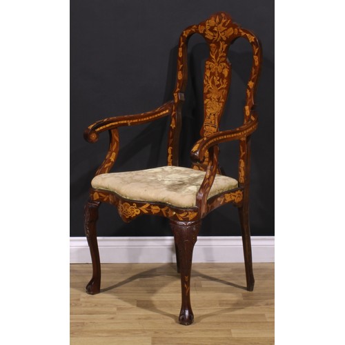 2073 - A pair of 19th century Dutch marquetry elbow chairs, inlaid throughout in the traditional manner, dr... 