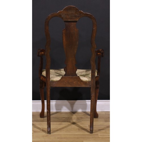 2073 - A pair of 19th century Dutch marquetry elbow chairs, inlaid throughout in the traditional manner, dr... 