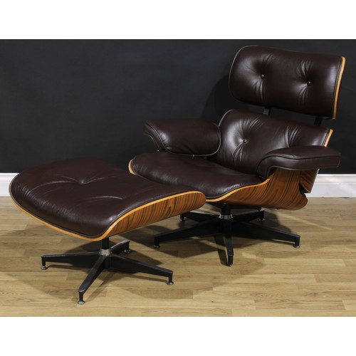 1472 - A santos palisander and leather Eames lounge chair and Ottoman, after Charles and Ray Eames and Herm... 