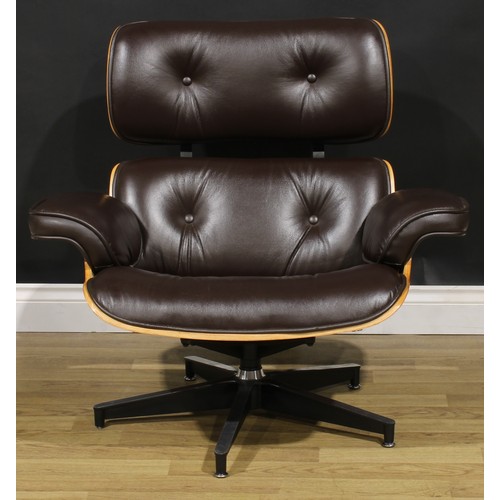 1472 - A santos palisander and leather Eames lounge chair and Ottoman, after Charles and Ray Eames and Herm... 