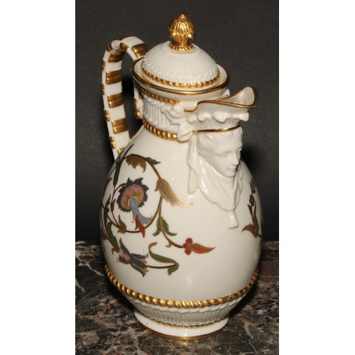 190 - A Royal Worcester chocolate pot and cover, decorated in the Aesthetic manner with scrolling foliage ... 