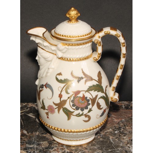 190 - A Royal Worcester chocolate pot and cover, decorated in the Aesthetic manner with scrolling foliage ... 