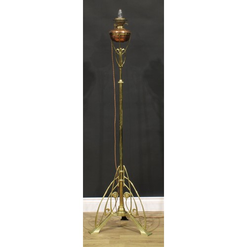 1549 - An Art Nouveau brass and copper telescopic floor lamp, converted from an oil lamp, 151cm extending t... 