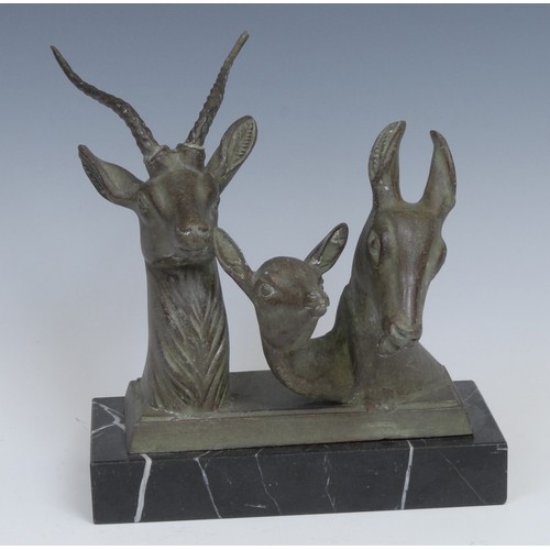 2154 - Art Deco School (mid-20th century), a verdigris patinated bronze, Three Deer, rectangular marble bas... 