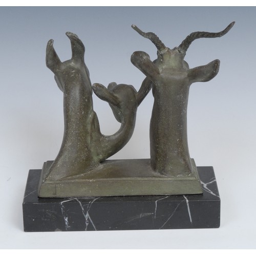 2154 - Art Deco School (mid-20th century), a verdigris patinated bronze, Three Deer, rectangular marble bas... 