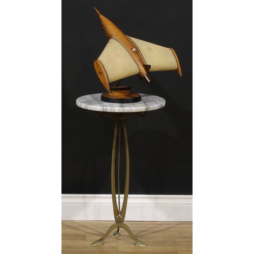 1552 - An Art Nouveau brass lamp table, circular marble top, organic frame, 62cm high, 38cm diameter