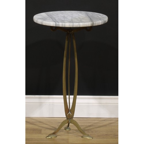 1552 - An Art Nouveau brass lamp table, circular marble top, organic frame, 62cm high, 38cm diameter