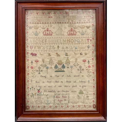 2120 - A George III sampler, by Alice Parker, aged 14, stitched in coloured threads with alphabet, numbers,... 