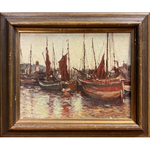 1174 - J. J. Bellman (British, b.1949), Quayside boats, signed, oil on board, 19.5cm x 24.5cm.