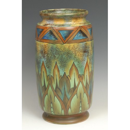 22 - A large Clewes & Co. Chameleon Ware Flame pattern cylindrical vase, hand painted in shades of green,... 