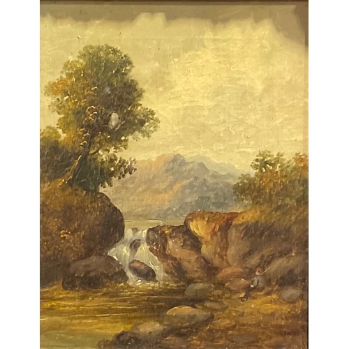 1067 - English School (19th century)
Fishing by the Falls,
indistinctly signed, oil on canvas, 23cm x 18cm