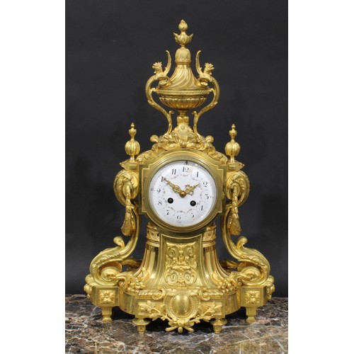 1578 - A 19th century French gilt bronze mantel clock, 11cm enamel dial inscribed with Arabic numerals, twi... 