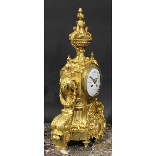 1578 - A 19th century French gilt bronze mantel clock, 11cm enamel dial inscribed with Arabic numerals, twi... 