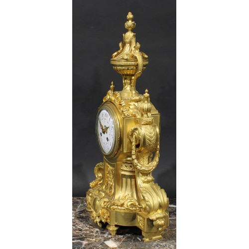 1578 - A 19th century French gilt bronze mantel clock, 11cm enamel dial inscribed with Arabic numerals, twi... 