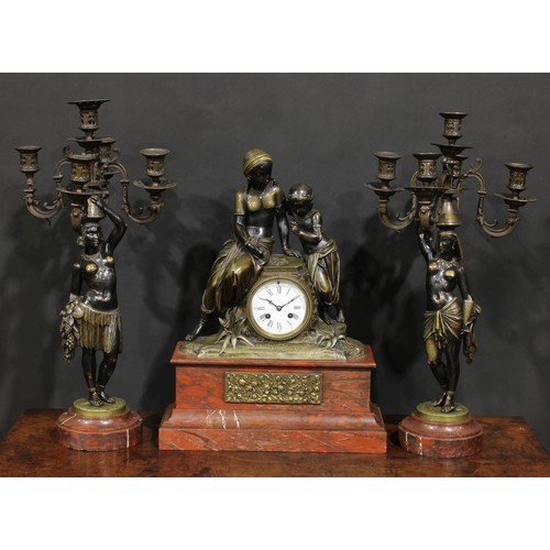 1575 - A 19th century French Egyptian Revival bronze and marble figural clock garniture, 9cm circular dial ... 