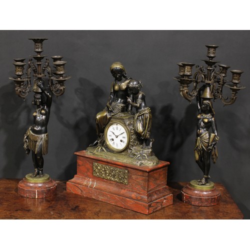 1575 - A 19th century French Egyptian Revival bronze and marble figural clock garniture, 9cm circular dial ... 