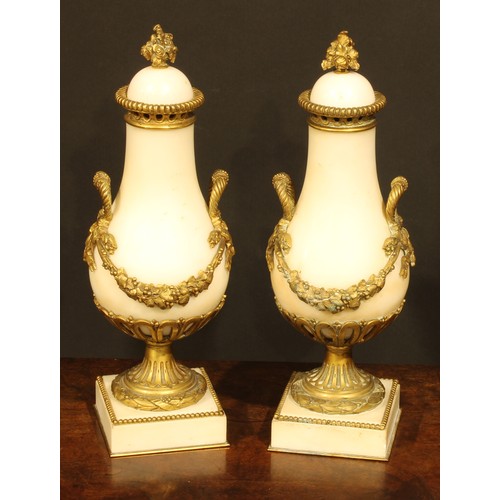 2146 - A pair of Louis XVI Revival gilt metal mounted marble pear shaped cassolettes, 30.5cm high, late 19t... 