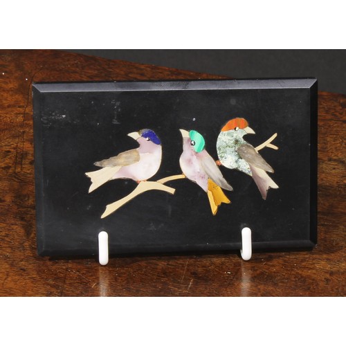 2182 - A pietra dura rectangular plaque, inlaid in specimen stones with three birds on a branch, 6.5cm x 10... 