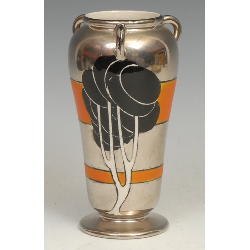 57 - An Art Deco Wardle silver lustre three handled vase, printed in monochrome with a Geisha, banded in ... 