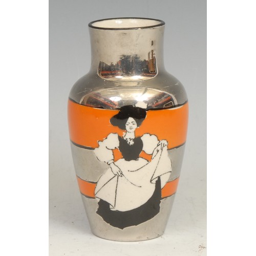 56 - An Art Deco Wardle silver lustre shoulder vase, printed in monochrome with an Edwardian beauty, band... 