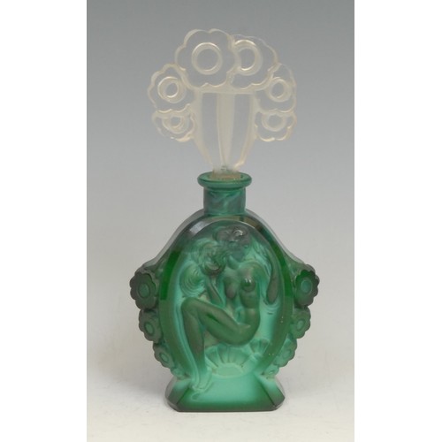 2116 - An Art Deco carved malachite scent bottle, each oval cartouche with seated female nude, clear cut gl... 