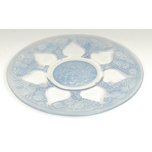 323 - A Rene Lalique charger, engraved to verso with chrysanthemums, sky blue flashed, 27cm diameter, engr... 