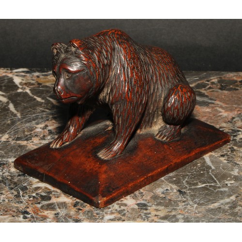 1275 - A Black Forest desk model, carved as a bear, seated on a rectangular base, his head tilted questioni... 