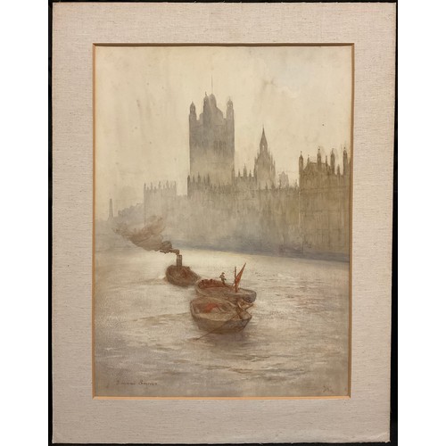 988 - Edward Brewer
Tug and Barges by Westminster, Thames River, signed, watercolour, 64.5cm x 47.5cm.