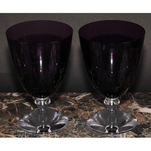 318 - A pair of Baccarat crystal Vega wine glasses, purple bowls, clear knopped stems, domed circular feet... 