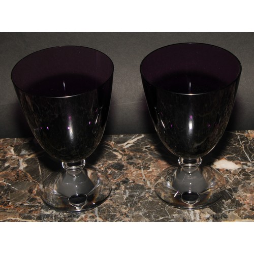 318 - A pair of Baccarat crystal Vega wine glasses, purple bowls, clear knopped stems, domed circular feet... 