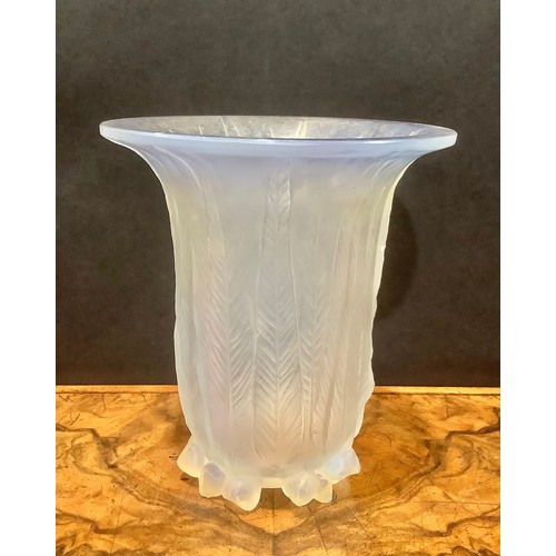 325 - A René Lalique 'Eucalyptus' opalescent glass vase, moulded with the vertical leaves issuing from clu... 