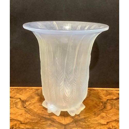 325 - A René Lalique 'Eucalyptus' opalescent glass vase, moulded with the vertical leaves issuing from clu... 