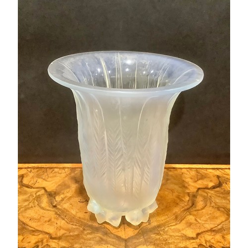 325 - A René Lalique 'Eucalyptus' opalescent glass vase, moulded with the vertical leaves issuing from clu... 