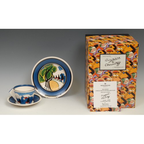 45 - A Wedgwood reproduction Clarice Cliff Bizarre May Avenue pattern conical teacup, saucer and side pla... 