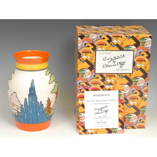 50 - A Wedgwood reproduction Clarice Cliff Bizarre Orange Roof Cottage pattern Isis Vase, hand painted ba... 
