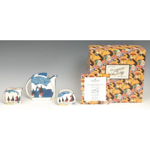 49 - A Wedgwood reproduction Clarice Cliff Bizarre May Avenue pattern, three piece Stamford tea set, hand... 