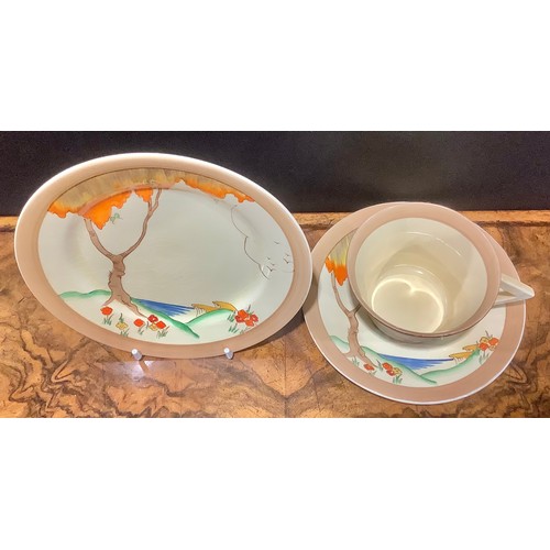 3 - A Clarice Cliff Orange Taormina trio, comprising teacup, saucer and tea plate, printed marks, the te... 