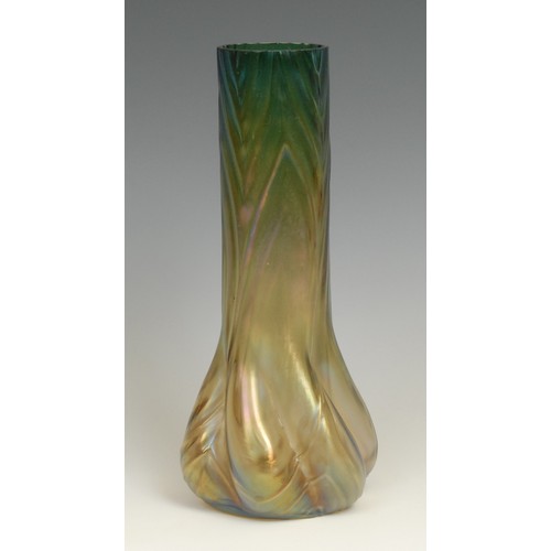 26 - A Loetz type tapering cylindrical iridescent green crackle glass vase, 27cm; another similar, of lob... 