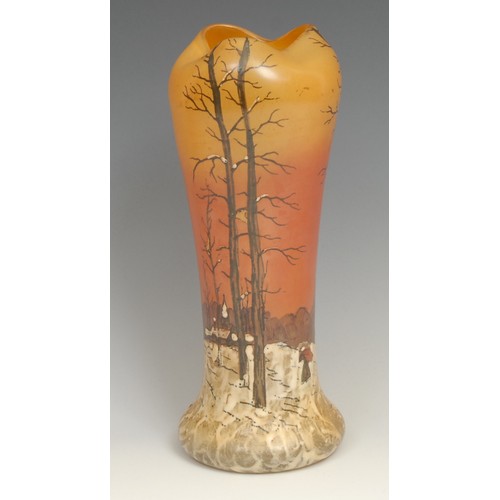 70 - A French Legras pâte de verre cameo glass cylindrical vase, decorated with solitary figure in a wint... 