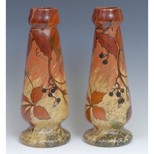 77 - A pair of French Legras pâte de verre cameo glass tapering cylindrical vases, signed, decorated with... 