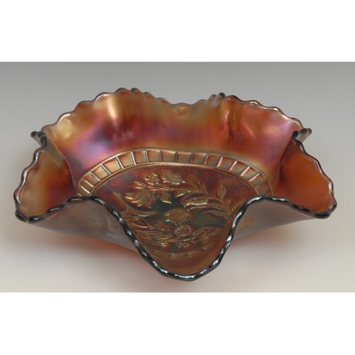 66 - A carnival amethyst glass iridescent fluted bowl, Good Luck, with horse shoe, 22cm diameter; others,... 