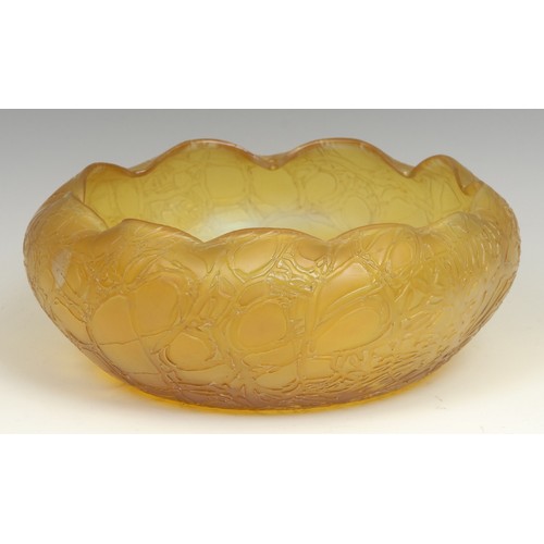74 - A Loetz style iridescent yellow crackle glass bowl, 24cm diameter