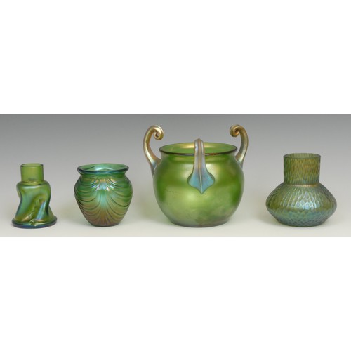 73 - A Loetz Creta Mit Festons pattern ovoid vase, in iridescent green, 8cm, c.1901; a Loetz type three h... 