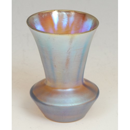 75 - A miniature Loetz style iridescent conical vase, 5.5cm; a French opalescent miniature cameo glass va... 