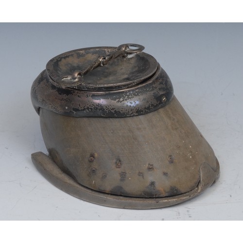 1738 - A 19th century silver coloured metal mounted horses hoof table snuff and cover, faults, 17cm wide